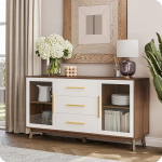BELLEZE Sideboard Buffet, 60 Inch Console Table with 3 Drawers and 2 Glass Doors, Accent Storage Cabinet for Kitchen, Living Room, Dining Room, Hallway, White