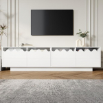 Valge puidust TV kapp 170 cm Look with Wave Design ja klaasriiulid, TV Lowboard Standing 4 uksega, TV kapp Pb ja MDF elutuppa ja kodukontorisse, H