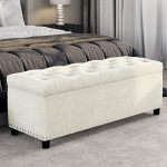 BELLEZE Ottoman with Storage Tufted Ottoman Polyester Storage Bench with Safety Hinge, Ottoman with Storage for Living Room, Entryway, Hallway, Footrest, 300 lbs, White