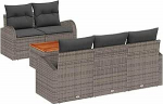 6-teiliges Garten-Sofa-Set mit Kissen Grau Poly-Rattan Akazie, 2-Sitzer Garten-Sofa mit Stauraum & Kissen Grau Poly-Rattan Gartenlounge Model3356186