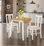 Hallowood Furniture Ledbury Small Dining Set of 2 Round Leaf Table Cream Fabric Upholstered Seats Wooden Folding Table and Chairs in White Finish Dining Set