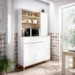 Dmora - Sparavero Sideboard, elutoa panipaigabuffet Moodne elutoa sideboard 4 uksega, 120 x 40 x 191 cm, valge ja tammepuust.