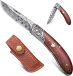 Freelander Pocket Knife, Folding Knife, Small, Outdoor Folding Knife, Two-Handed Knife Made of 5CR15 Steel, Damask Pocket Knife with Wooden Handle, EDC Knife with Holster for Camping & Survival &