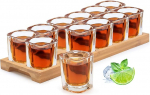 SuproBarware Shot Glass Set 60ml Cocktail Holder and Shot Glass Drinks Serving Board Organizer 12 Holes with Clear Crystal Glass 12 Pieces for Liquor Shooting Whisky Brandy