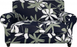 SearchI Stretch Sofa Cover Printed Floral Pattern 3 Pieces Two Seater Slipcover with 2 Separate Pillow Covers, Washable Furniture Protector for Living Room (Loveseat, Navy)