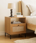 Apetaccat Rattan Bedside Table, Wooden Bedside Table, Oak, Boho Bedside Cabinet with Drawer and Open Shelf, 47 x 39 x 54 cm, for Bedroom, Living Room