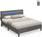 VASAGLE voodi 140 x 200 cm, LED-valgustusega k&uuml;lalisvoodi, USB ja Type-C &uuml;hendusega kaheinimese voodi, voodiraam, polsterdatud voodi koos peaplaadiga, voodiraam, kaasaegne, tumehall RMB803G71