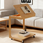 C F&ouml;rmiger Beistelltisch mit Rollen Beistelltisch Bett mit Verstellbarer Tischplatte Mobile Beistelltisch auf Rollen aus Massivholz f&uuml;r Kleine Schlafzimmer(Beige)