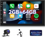 Androidi autoraadio 2G + 64G traadita Carplay Androidi auto Double DIN raadio koos navigatsiooniga 7-tollise puuteekraaniga GPS navigatsioon Bluetooth WiFi FM RDS meedia vastuv&otilde;tja Tagurduskaamera ISO adapter