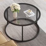 SAYGOER Round Glass Coffee Table for Small Spaces, Simple Modern Center Table for Living Room, Home Office, Sofa Side Table with Metal Steel Frame, Easy Assembly, Grey Black