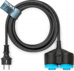 15 m kummist pikenduskaabel H07RN-F 3G 1,5 mm&sup2; 2-suunalise jaoturiga ehitusplatsidel, t&ouml;&ouml;kojas, t&ouml;&ouml;stuses, vastupidavaks v&auml;litingimustes kasutamiseks ja tugevaks mehaaniliseks koormuseks, must