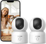 ZOSI 1080P WLAN Indoor Surveillance Camera, 360&deg; Swivelling IP Camera with One Touch Call for Pet, Dogs, Baby, AI Person Detection, Pack of 2 C518