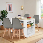 EGGREE s&ouml;&ouml;gilaud 4 tooliga, s&ouml;&ouml;gikomplekt, baarilaua komplekt, laud vahelduvvoolu pistikupesade ja USB pordiga, 111 cm k&ouml;&ouml;gilaud 4 riiuliga elutuppa, k&ouml;&ouml;ki (valge tammepuust laud + 4 halli tooli)