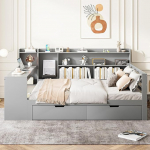 ANIROY diivanvoodi, kaheinimesevoodi, hoiuvoodi, t&auml;ispuidust diivanvoodi, p&auml;evavoodi laua ja riiulitega, multifunktsionaalne puidust voodi USB ja 2 suure hoiukambriga