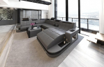 Wohnlandschaft Wave XXL diivan U-kujuline nahast - LED-valgustusega, reguleeritavad peatuged, pikaliigiline diivan / nahav&auml;rvide valik / orientatsioon valitav (Ottomani paremal, hall/must)