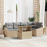 Garten-Sofa-Set 6-teilig modular mit Eckstuhl, Tisch und Glasplatte in Schwarz und Creme aus Poly-Rattan inklusive Kissen