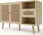 Azkoeesy Sideboard Buffet k&ouml;&ouml;gikapp, 2 rotangist ukse ja sahtliga, 120 x 40 x 80 cm, tammepuust, s&ouml;&ouml;gituppa, k&ouml;&ouml;ki, elutuppa.