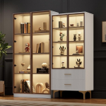 Oxtao kaasaegne elutoa komplekt, kaks valget klaasist vitriinkappi LED-valgustuse ja reguleeritavate riiulitega, plaatina v&auml;rvi - elutoa riiulid, riiulid, seisvad kapid, vitriinid