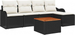 6-teiliges Garten Sofa Set mit Kissen Schwarz Poly Rattan Akazie, 2-Sitzer Garten Sofa mit Kissen Schwarz Poly Rattan Gartenlounge Model3347439