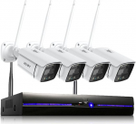 REIGY 3MP WLAN Outdoor Surveillance Camera Set with Floodlight, 10CH Wireless NVR Surveillance System + 4 x 1296P Camera Wireless, Two-Way Audio Motion Detection Coloured Night Vision No Hard Drive