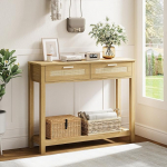 ROCSUMOO rotangist konsoollaud 2 sahtliga, kaasaegne k&uuml;ljelaud &uuml;he riiuliga, kitsas diivanilaud kallutuskaitsega, koridorim&ouml;&ouml;bel, sissep&auml;&auml;s, elutuba (naturaalne)