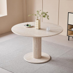 JZGORC Round Dining Table with Cylindrical Legs Marble Effect Modern Minimalist Dining Table for Living Room or Kitchen 115 x 115 x 75 cm - Yellow Travertine