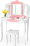 GOPLUS Children's Dressing Table with Stool, Princess Cosmetic Table with Removable Folding Mirror, Wooden Dressing Table with Drawer for Girls (White)