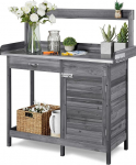 Yaheetech Planting Table with Galvanised Worktop, Weatherproof Garden Table, Flower Table, Wooden Plant Table with Base Cabinet, Storage Area and Drawer for the Garden/Patio/Balcony, Grey