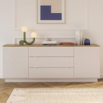 Forte GANYMEDE Sideboard 230, Minimalistlik k&uuml;ljepaneel, 2 ust, 3 sahtlit, puidust komposiit, elutuba, magamistuba, Mauvella tammepuidust dekoor, kasmiirbeež, 224,5 cm lai x 85,7 cm k&otilde;rge x 41,3 cm s&uuml;gavus.