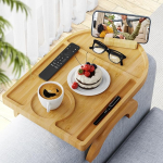 Wisreach Bamboo Sofa Tray, Clip On Tray, Sofa Table - 15"L x 10.2"W Non-Slip Sofa Armrest Tray Table with 360 Phone Holder, Couch Arm Table for Food, Drinks, Snacks