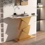 Moderner Konsolentisch f&uuml;r den Eingangsbereich mit geometrischem Metallrahmen - Stilvoller Sofatisch f&uuml;r Wohnzimmer, Flur und Foyer - Gold-Finish, 120 cm lang