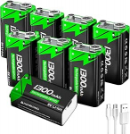 9 V laetav aku, 1300 mAh liitium-ioon plokkakud USB-C kiirlaadimiskaabliga, ideaalne suitsuandurite, tulekahjuandurite, h&auml;iresignaalide, mikrofonide, multimeetri jne jaoks (8 tk).