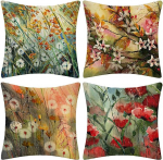 Cushion Cover 70 x 70 cm Flower Cushion Covers Set of 4, Linen Double-Sided Cushion Covers with Invisible Zip, Decorative Cushion Cover, Throw Cushion Cover, Square Sofa Cushion Cover for Home Decor