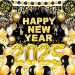 Aastavahetuse dekoratsioon 2025 XXL dekoratsioonikomplekt, uusaasta b&auml;nner (71 x 44 tolli), 2025 &otilde;hupallid (32 tolli), mustad ja kuldsed &otilde;hupallid, foolium &otilde;hupallid, girlande, &otilde;nneliku uue aasta dekoratsioon