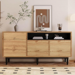 KOMHTOM Modern Sideboard with Wood Grain Storage Cabinet with Three Doors and a Black Open Compartment Multifunctional Cabinet for Living Room Bedroom Kitchen (B)