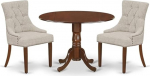 East West Furniture DLFR3-MAH-05 3-osaline puidust s&ouml;&ouml;gilaudade komplekt koos lehtedega, pjedestaal, doeskin, linasest kangast, n&ouml;&ouml;pidega k&ouml;&ouml;gitoolid - Mahagonist viimistlus, lehtpuust laud ja struktuur