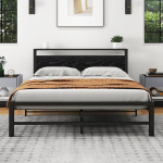 5ft King Size metallist platvormvoodi raam koos puidust ladustamise peatoega, 150x200cm voodiraam, ei vaja kastivedrusid, tugev teraslattide tugi, lihtne kokkupanek, m&uuml;ravaba, must