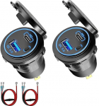 12 V USB-pesa, 54 W, kaheportiline laadija samaaegse kiirlaadimisega (QC3.0 + PD) ja sisse-v&auml;ljal&uuml;litiga, USB-pesa 12-24 V autole, mootorratastele, veoautodele, paatidele, haagissuvilatele (2 tk).