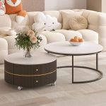 Couchtisch-Set mit 2 runden Seiten- und Mitteltischen mit Riemenscheiben f&uuml;r Wohnzimmer, ideal f&uuml;r Tee und Beistelltisch