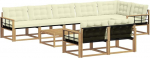 Outdoor-Sofagarnitur 9-teilig aus massivem Akazienholz, Modulares Gartenm&ouml;bel Set f&uuml;r Terrasse, Lounge-Garnitur mit Kissen in Wei&szlig; und Creme, 8 Sitzpl&auml;tze