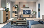Living Room Complete Set Including Coffee Table in Grey/Green with Oak 5-Piece Sideboard, Shelf, TV Lowboard, Wall Shelf, Chest of Drawers