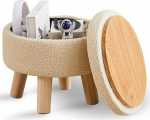 Wimarsbon Storage Ottoman, Modern Round Footrest with Soft Padded Seat, Teddy Velvet Footstool with Wooden Legs, Accent Small Table or Plant Stand for Hallway, Living Room