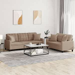 2-TLG. Sofagarnitur mit Kissen Cappuccino-Braun Kunstleder Langlebiges Kunstleder Sofagarnitur mit Polsterung f&uuml;r Wohnzimmer