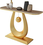 Schmaler Konsolentisch f&uuml;r den Eingangsbereich mit Rockboard-Platte und Eisengestell, eleganten goldenen Akzenten, abgerundeten Kanten und Seiten, moderner Beistelltisch f&uuml;r Foyer, Flur oder
