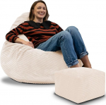 DreamRoots Bean Bag for Adults Cord or Children - Bean Bag Sofa - Bean Bag Cord with Stool and Cover - Bean Bags with Filling 90 x 90 x 100 cm Vanilla Ice