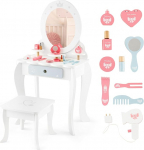 DREAMADE 2-in-1 Children's Dressing Table with 10 Pieces Play Accessories and Stool, Princess Dressing Table with Drawer and 3 Shelves, Children's Wooden Dressing Table for Girls from 3 Years, White