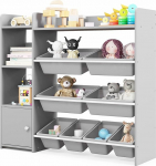 COSTWAY 4-korruseline lasteriiul, m&auml;nguasjade riiul 8 hoiukastiga, 2 avatud riiulit ja kapp, m&auml;nguasjade korraldaja raamaturiiul m&auml;ngutuppa, lastetuppa, 120 kg kandev&otilde;ime (hall)