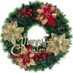 15-tolline j&otilde;ulup&auml;rg punaste ja kuldsete lillede, punaste marjade ja "H&auml;id j&otilde;ule" kirjaga - pidulik roheline j&otilde;ulukaunistus.