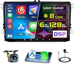 8Core/6+128G Hikity Android 15 autoraadio VW Golf 5 6 Passat Tiguan Polo Caddy Seat, 9-tolline puuteekraaniga autoraadio traadita CarPlay Android auto GPS WiFi RDS/FM BT 59UI Type-C tagurduskaamera +
