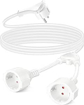 Topeltpistik pistikupesa jaoks, 2 m paindlik pikenduskaabel, 2 Way Schuko Y jaotur, 1,5 mm&sup2; paindlik kaabel, 16A/250V, IP20 veekindel, koju, kontorisse, valge